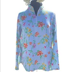 IBKUL Quarter ZipGolf /Tennis Pullover Blue & White Stripe with Flowers Size XL